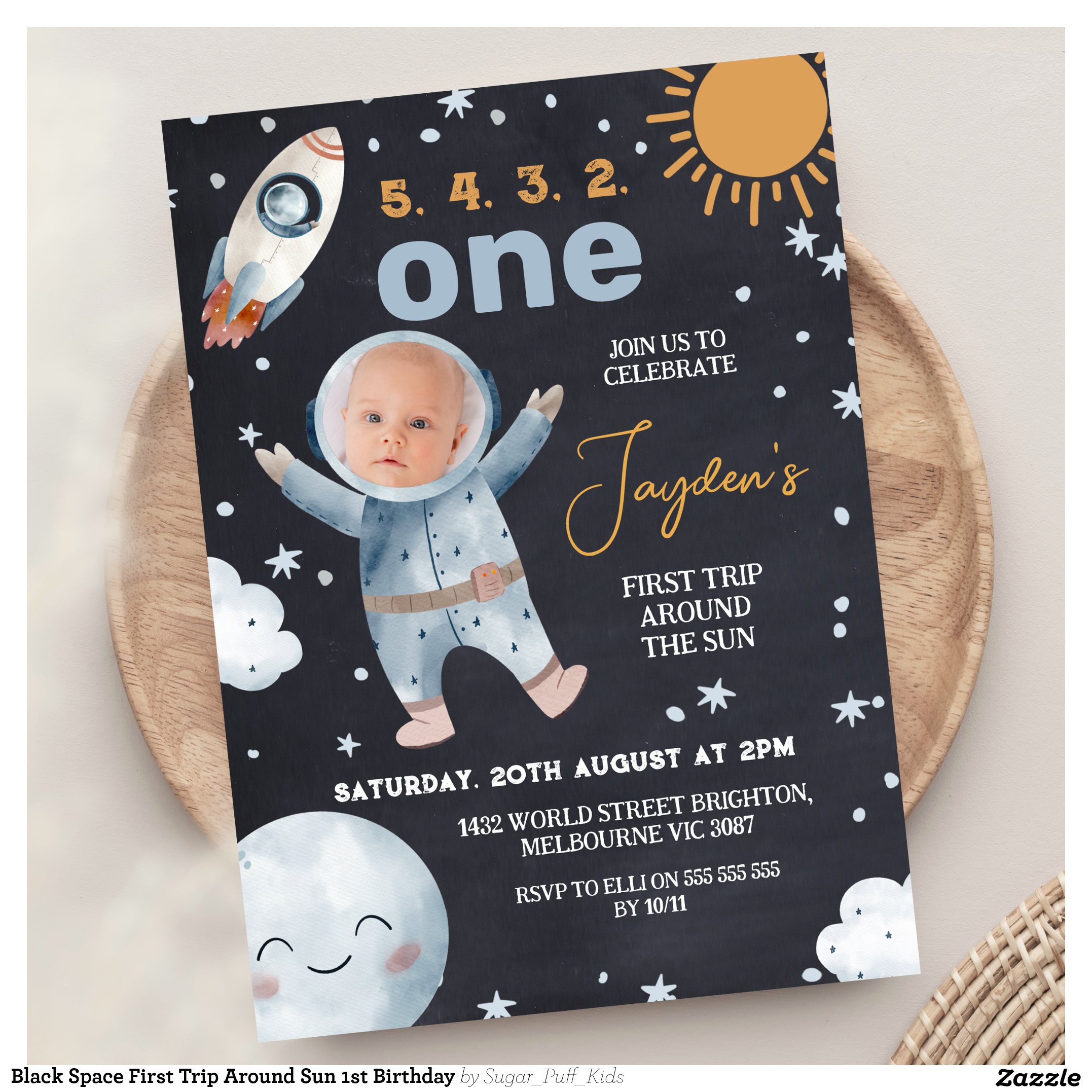 Black Space First Trip Around Sun 1st Birthday Invitation