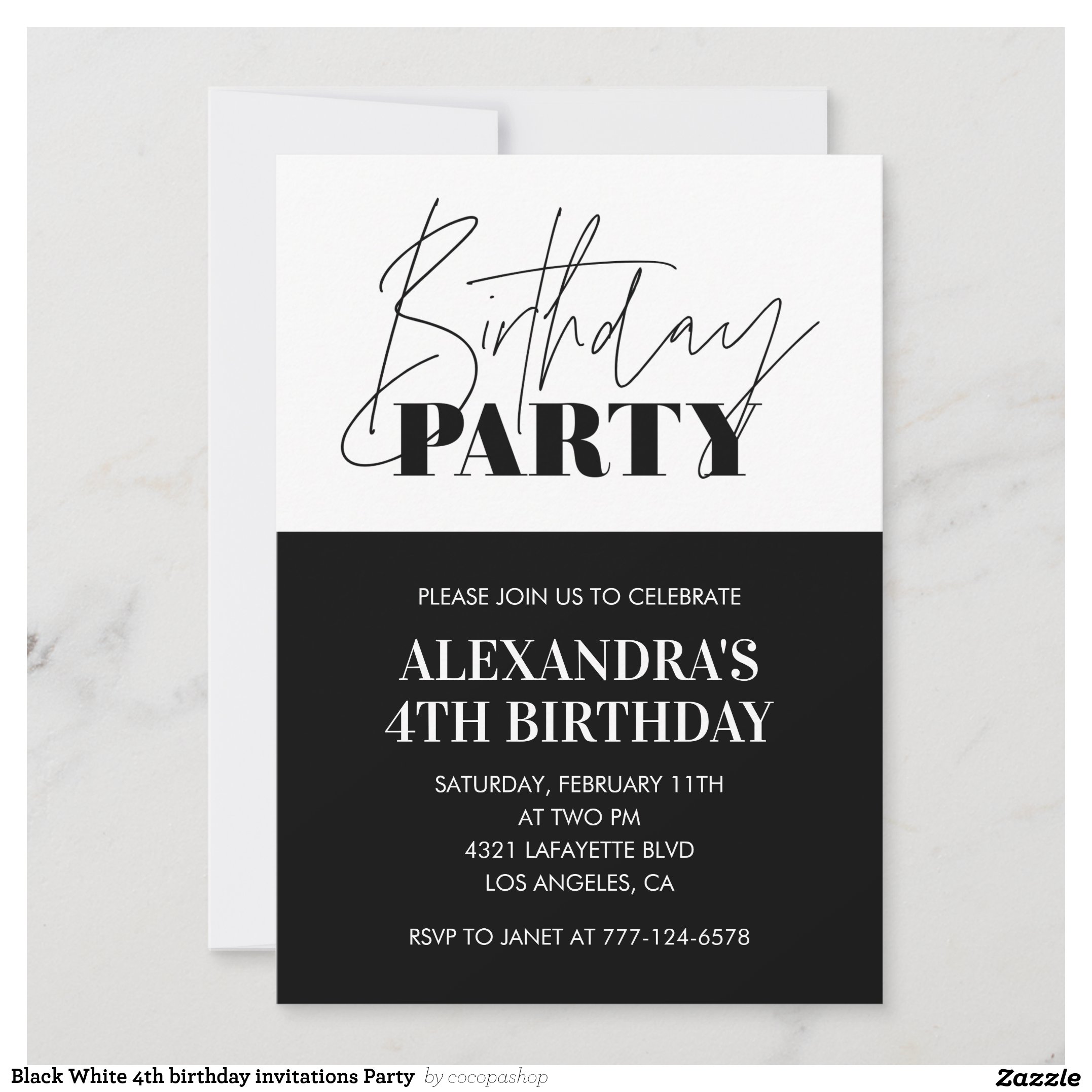 Black White 4th birthday invitations Party