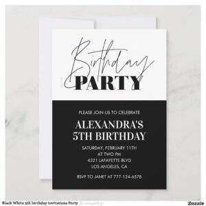 Black White 5th birthday invitations Party