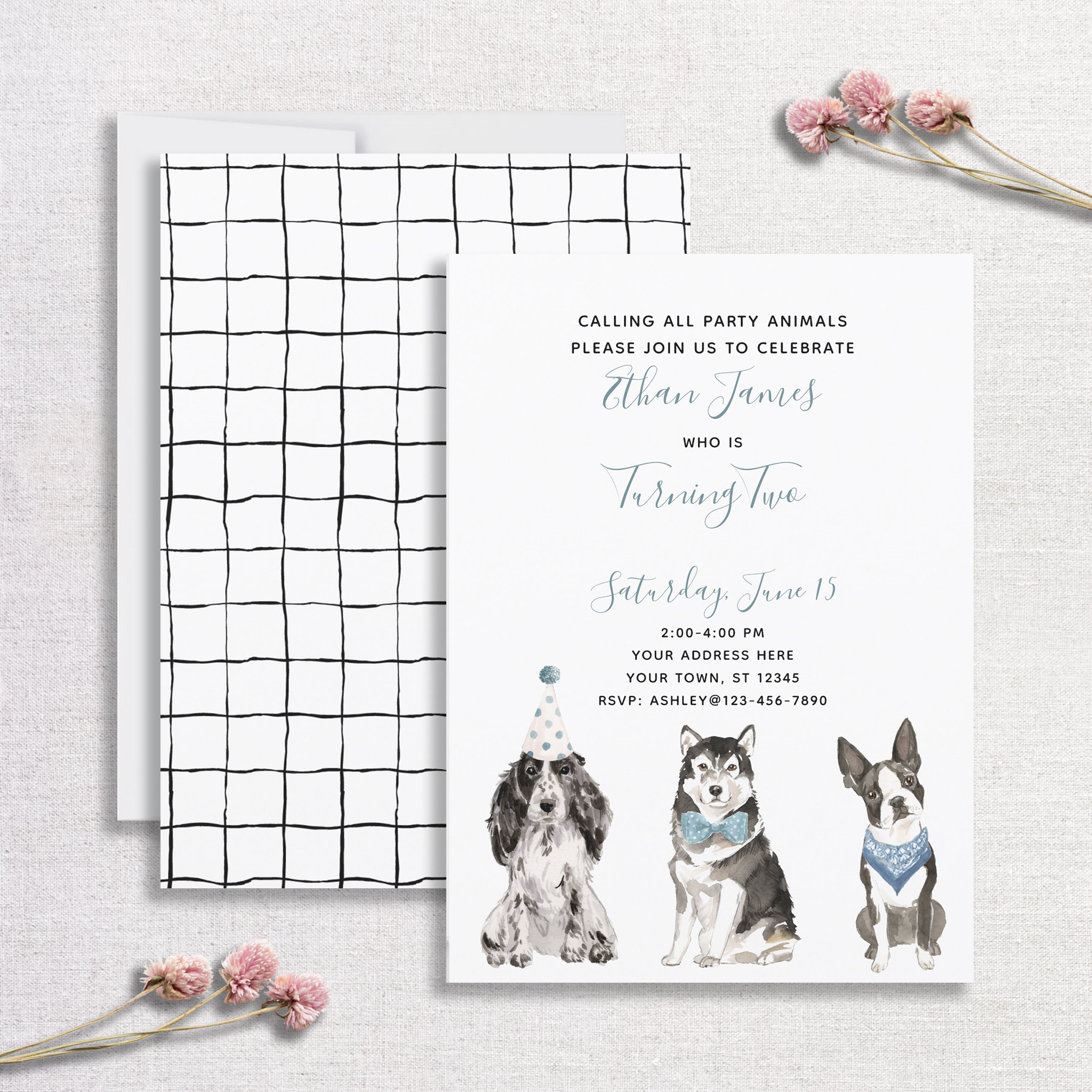 Black White Blue Dog Boy's 2nd Birthday Party Invitation