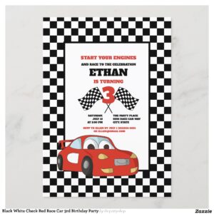 Black White Check Red Race Car 3rd Birthday Party Invitation