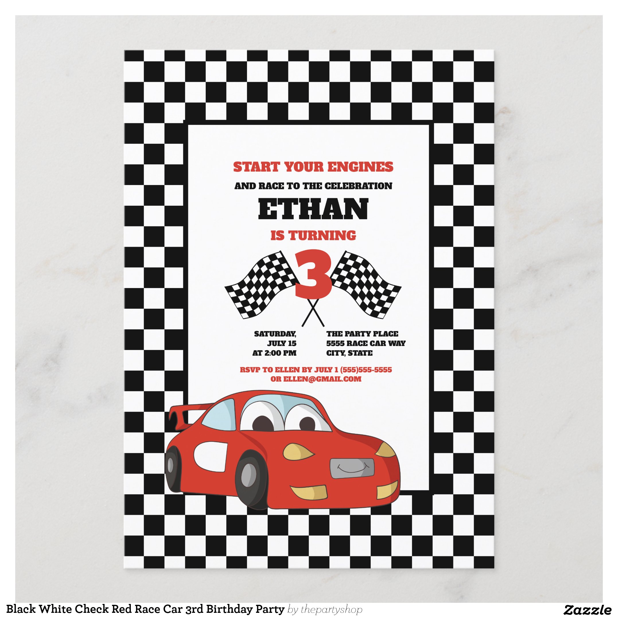Black White Check Red Race Car 3rd Birthday Party Invitation