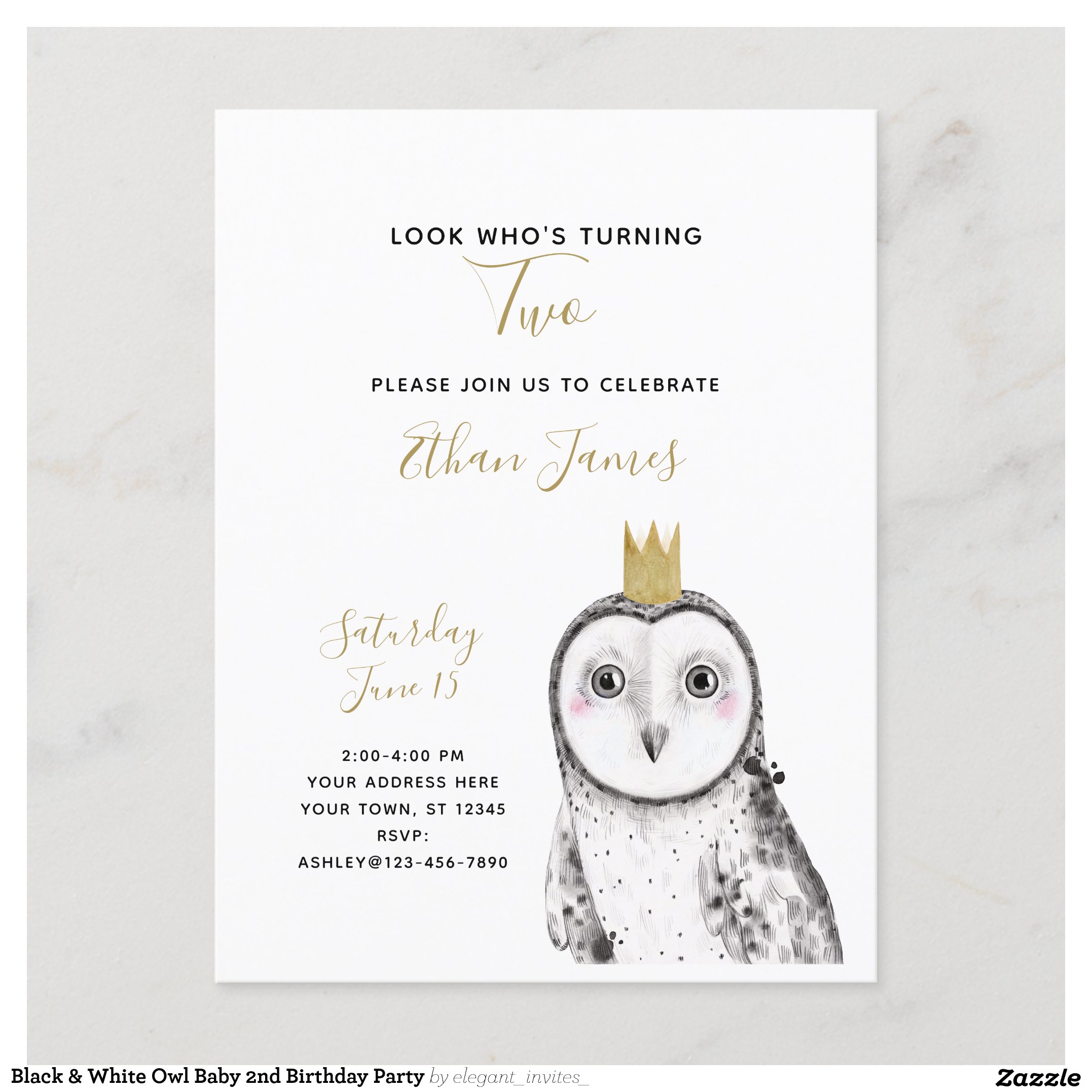 Black & White Owl Baby 2nd Birthday Party Invitation Postcard