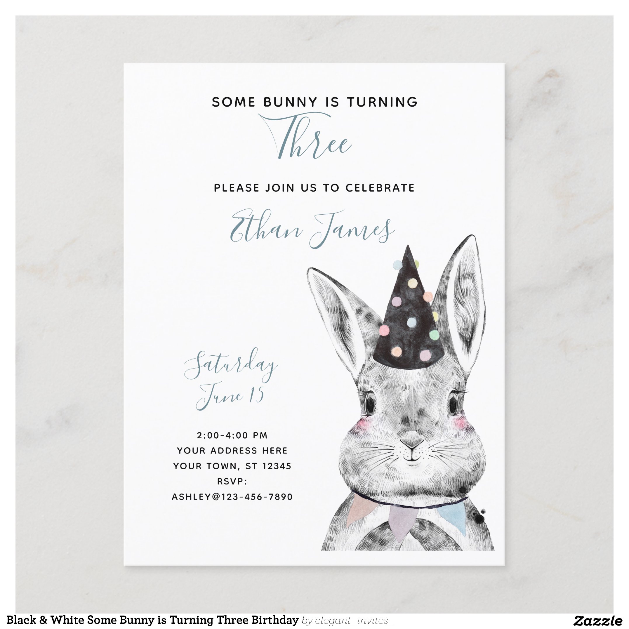 Black & White Some Bunny is Turning Three Birthday Invitation Postcard