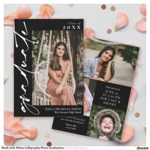 Black with White Calligraphy Photo Graduation Invitation