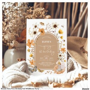 Blonde Fairy First Birthday Fall Wildflower Party Invitation