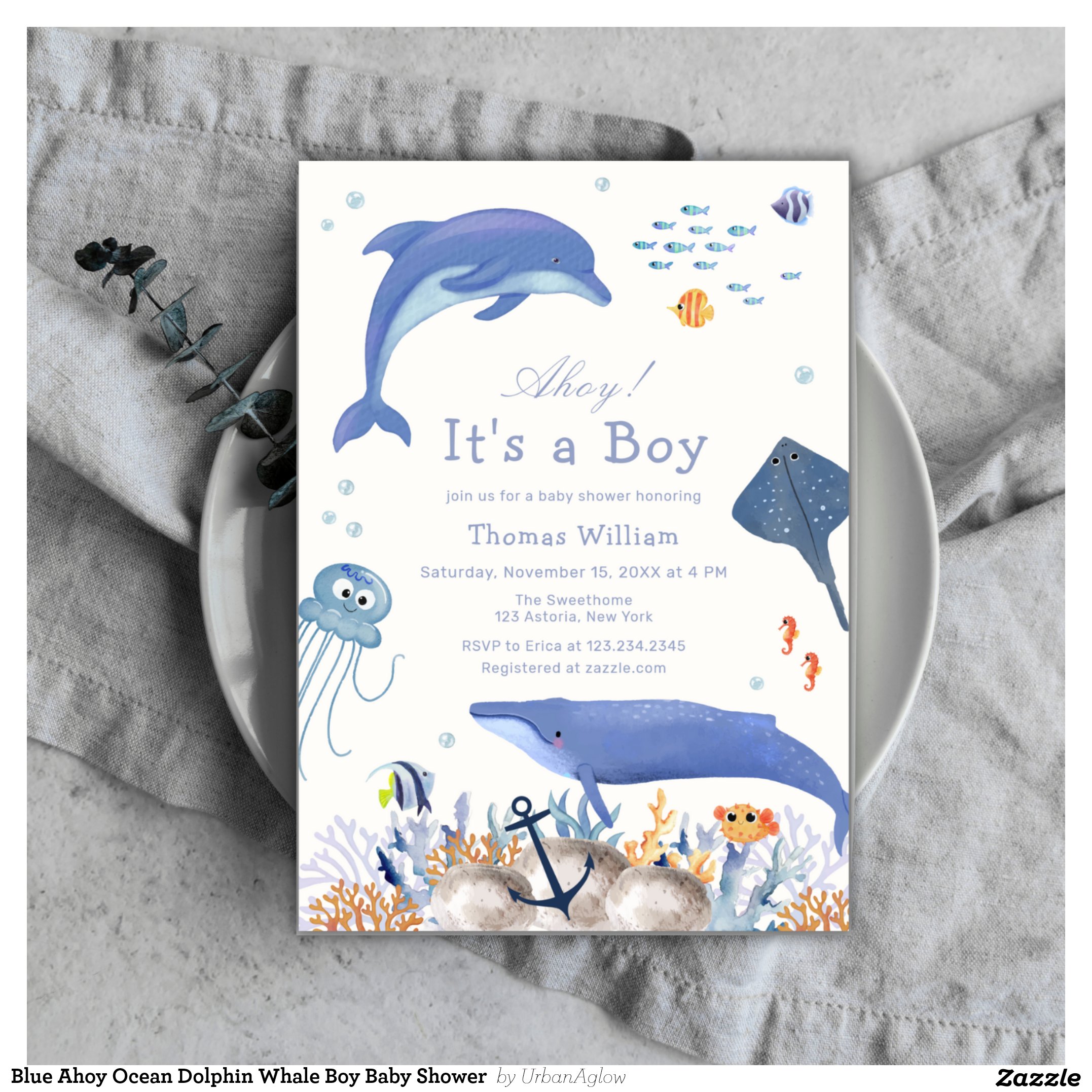 Blue Ahoy Ocean Dolphin Whale Boy Baby Shower Invitation