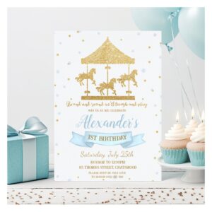 Blue and Gold Carousel Boy 1st Birthday Invitation