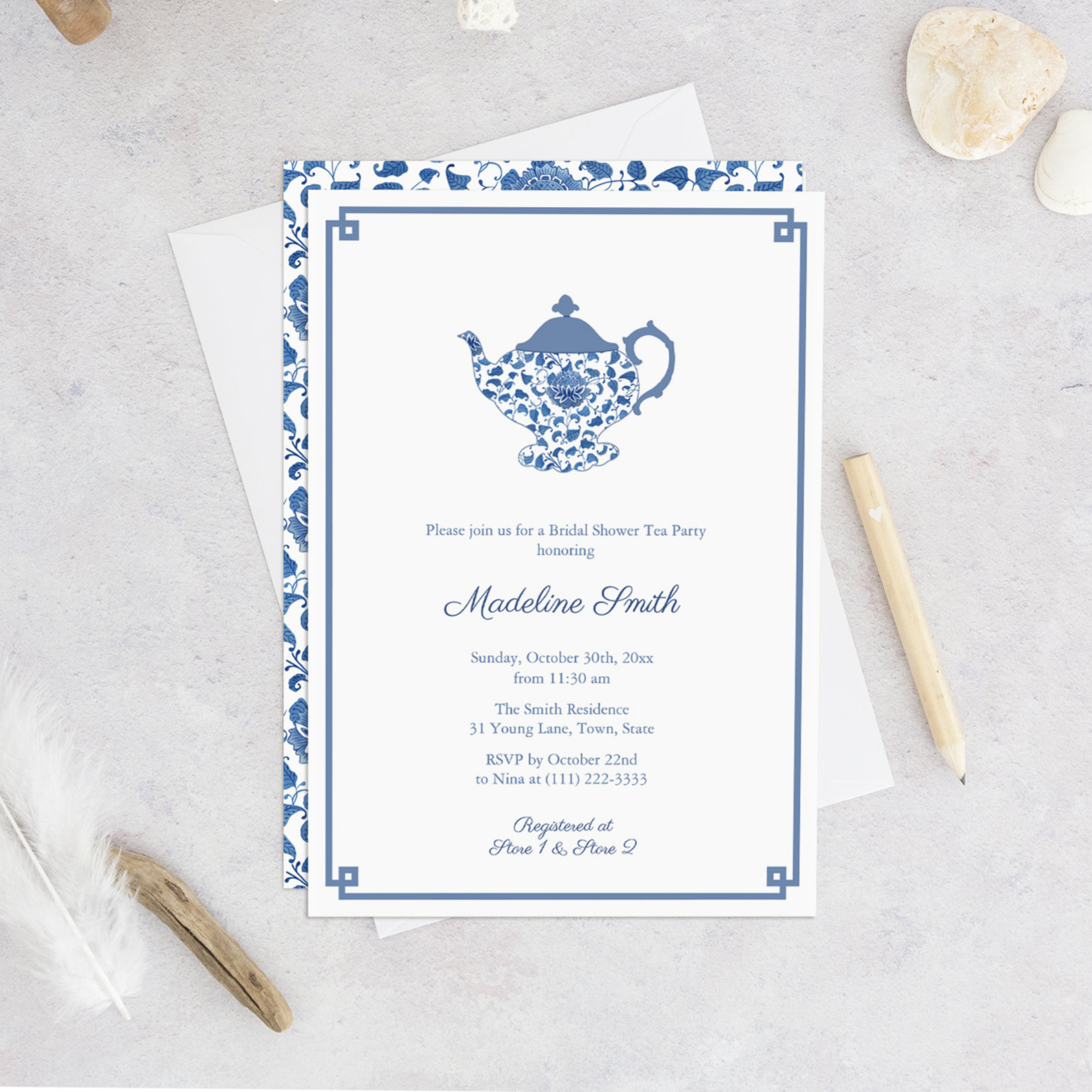 Blue And White Chinoiserie Bridal Shower Tea Party Invitation