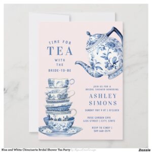 Blue and White Chinoiserie Bridal Shower Tea Party Invitation