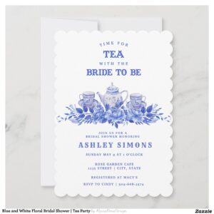 Blue and White Floral Bridal Shower Tea Party Invitation