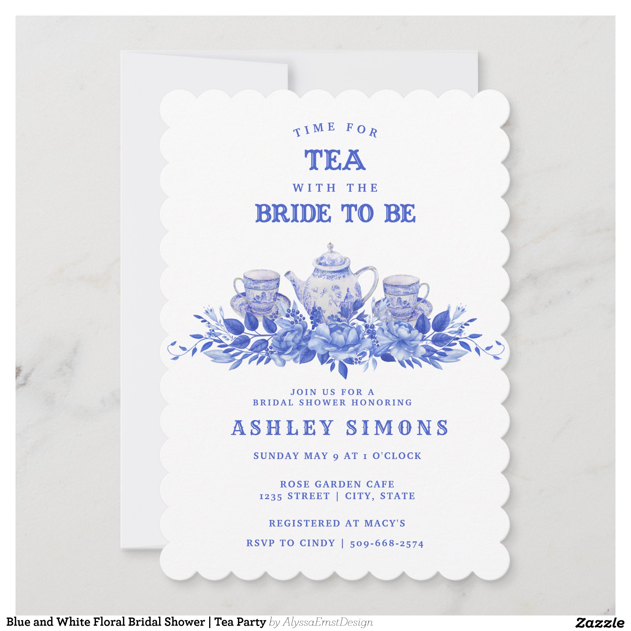 Blue and White Floral Bridal Shower Tea Party Invitation