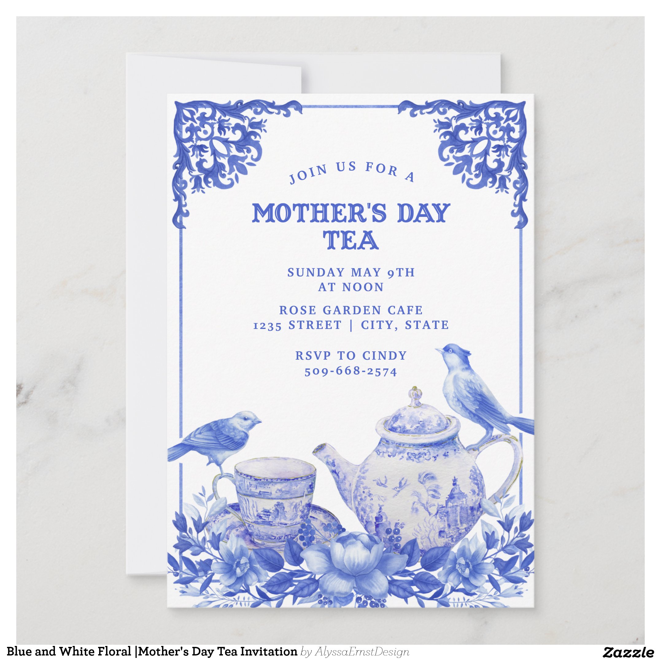 Blue and White Floral Mother's Day Tea Invitation