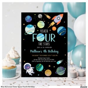 Blue Astronaut Outer Space Fourth Birthday Invitation