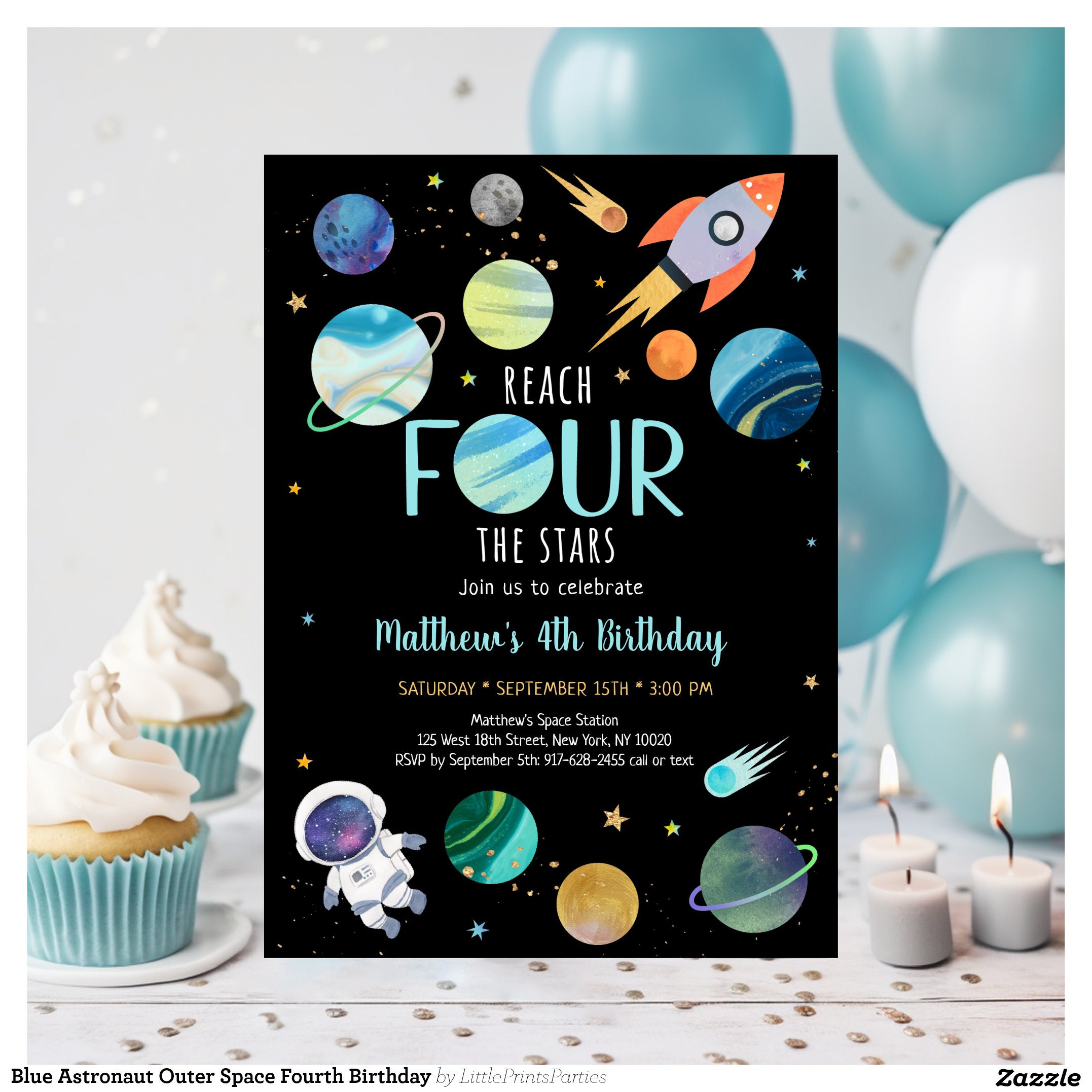 Blue Astronaut Outer Space Fourth Birthday Invitation