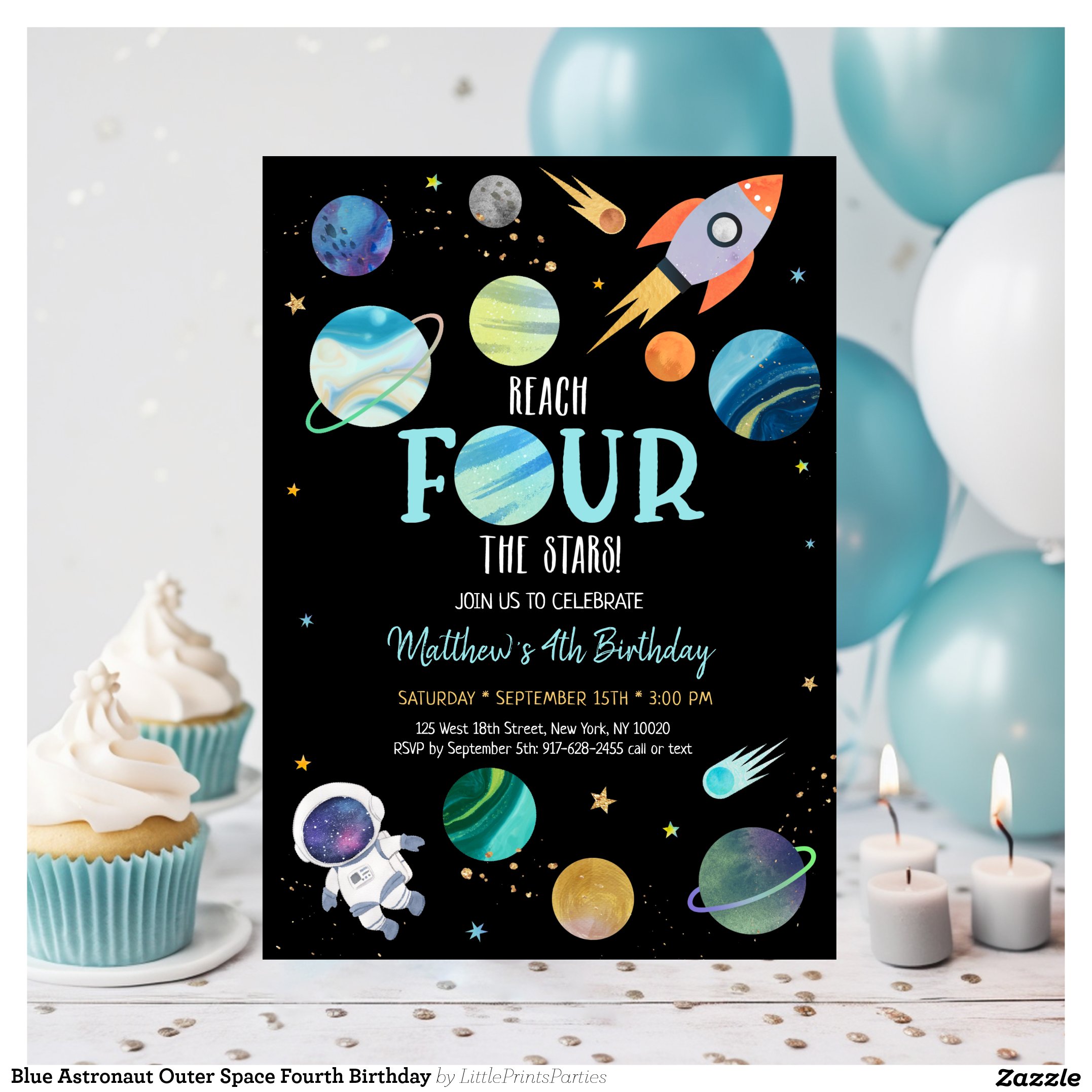 Blue Astronaut Outer Space Fourth Birthday Invitation