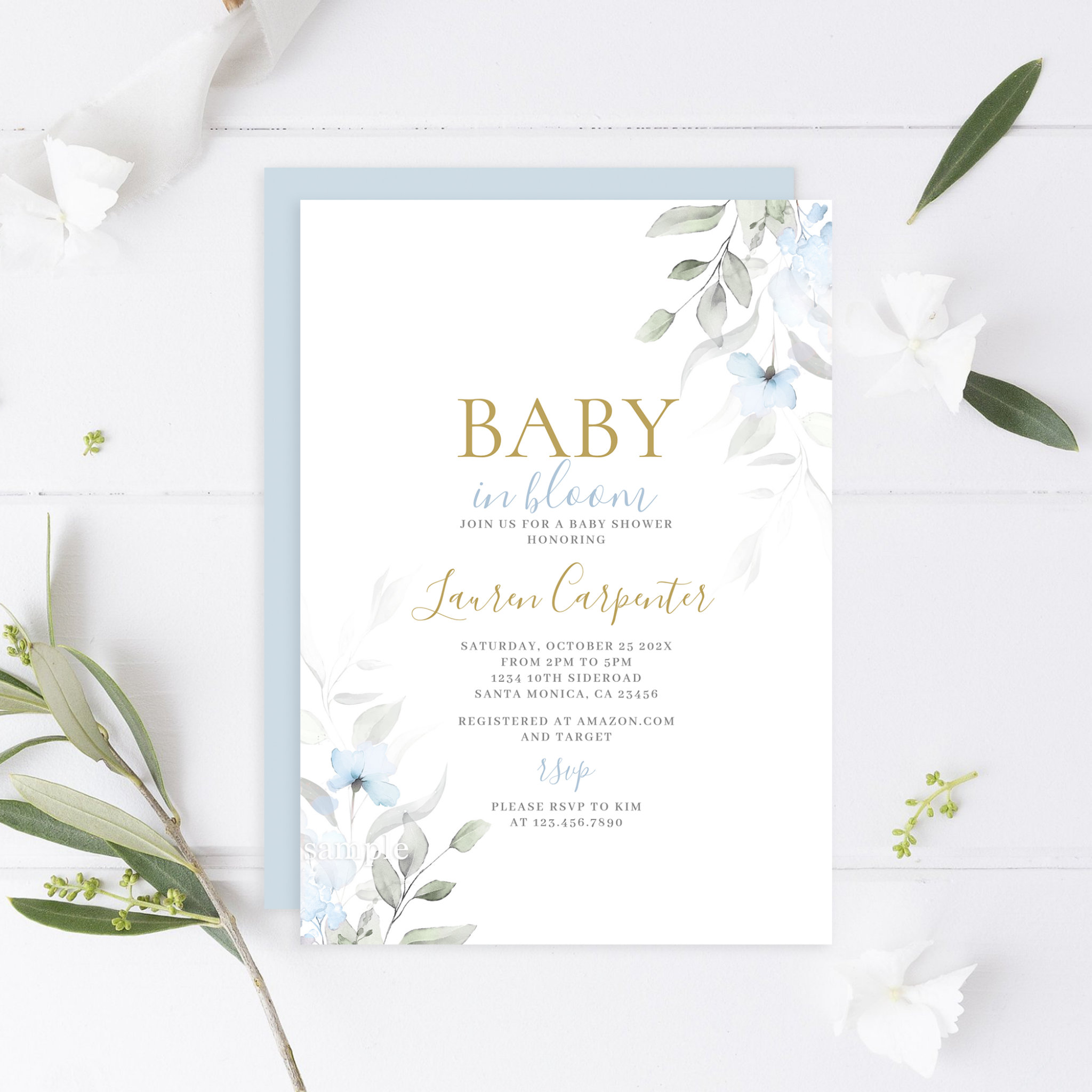 Blue Baby in Bloom Baby Shower Boy Invitation