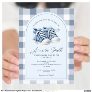 Blue Baby Shoes Gingham Boy Booties Baby Shower Invitation