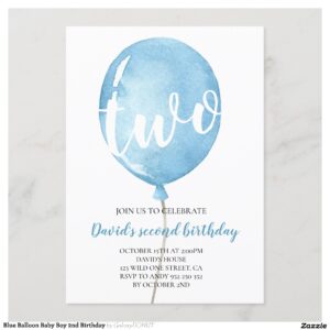 Blue Balloon Baby Boy 2nd Birthday Invitation