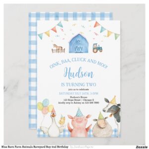 Blue Barn Farm Animals Barnyard Boy 2nd Birthday Invitation