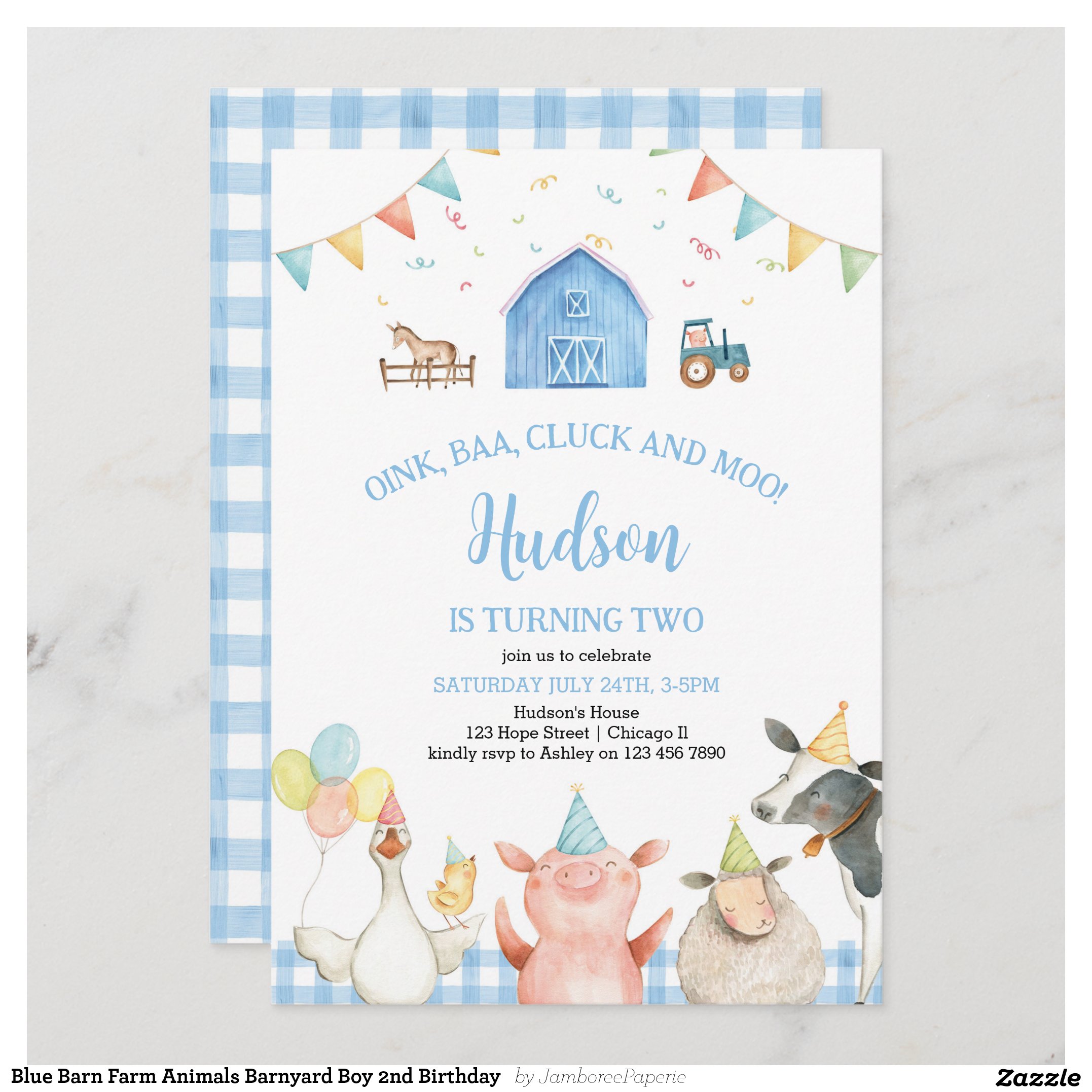 Blue Barn Farm Animals Barnyard Boy 2nd Birthday Invitation