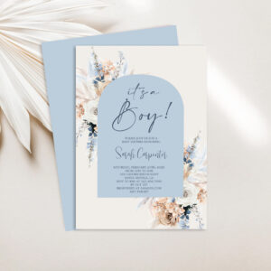 Blue Boho Floral Pampas Grass Baby Shower Boy Invitation