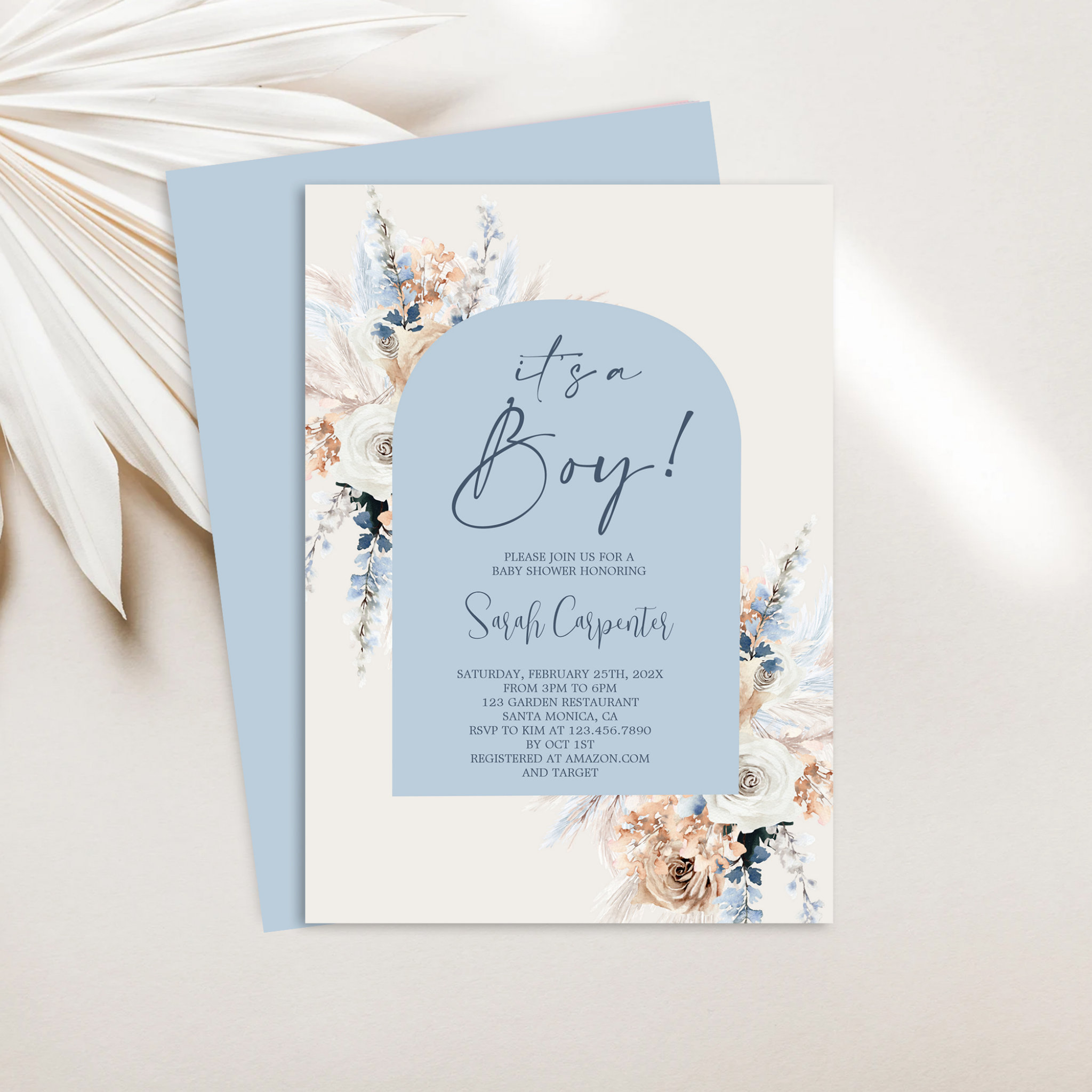 Blue Boho Floral Pampas Grass Baby Shower Boy Invitation