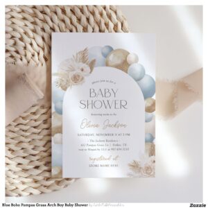 Blue Boho Pampas Grass Arch Boy Baby Shower Invitation