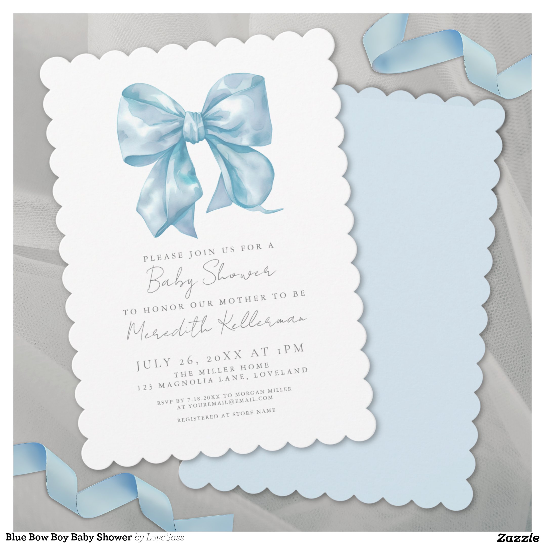 Blue Bow Boy Baby Shower Invitation