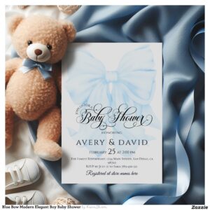 Blue Bow Modern Elegant Boy Baby Shower Invitation
