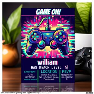 blue boy cool kids gaming level up 5th birthday invitation
