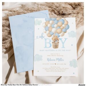Blue Boy Teddy Bear Hot Air Balloon Baby Shower Invitation