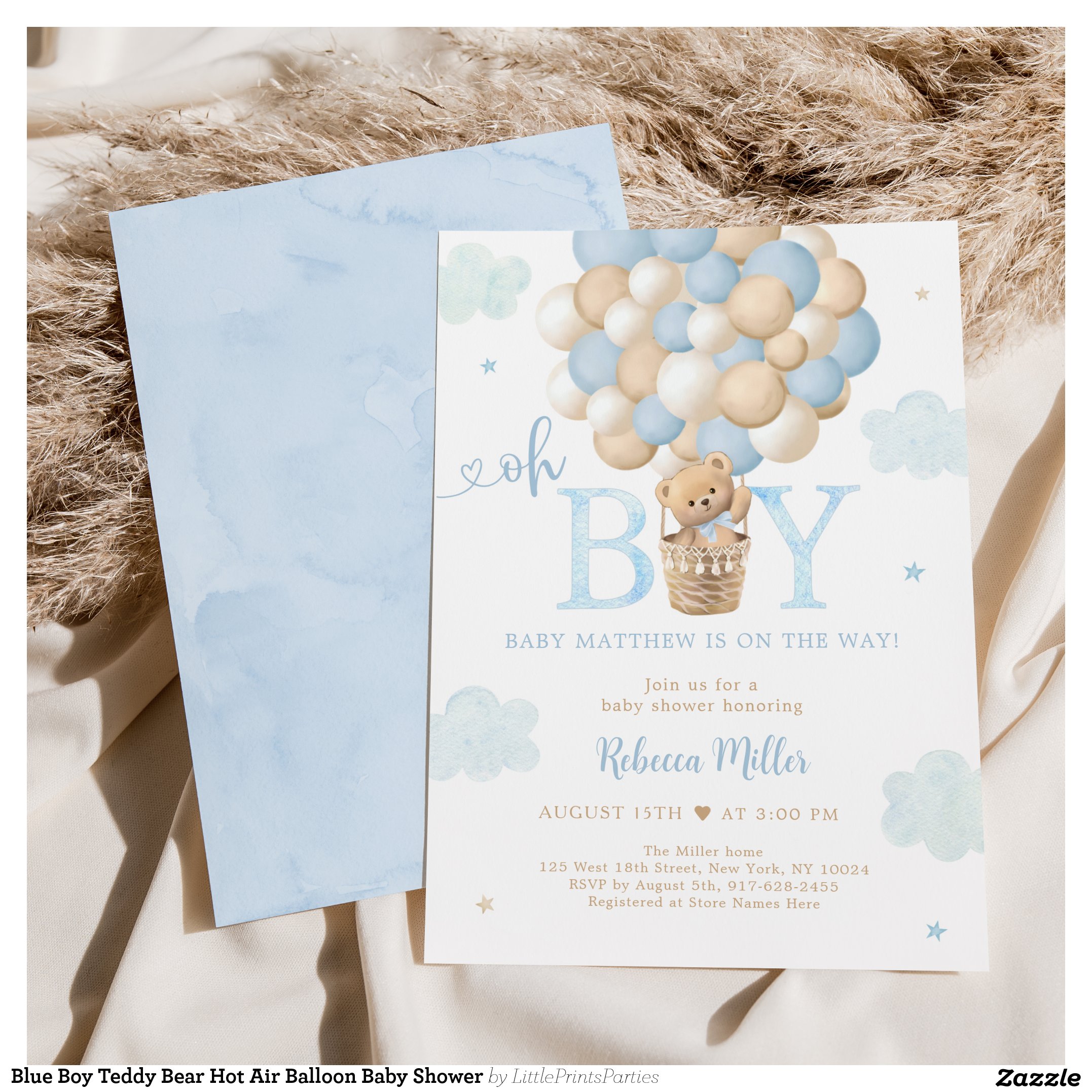 Blue Boy Teddy Bear Hot Air Balloon Baby Shower Invitation