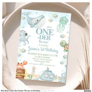 Blue Boys Under Sea Oneder The sea 1st Birthday Invitation