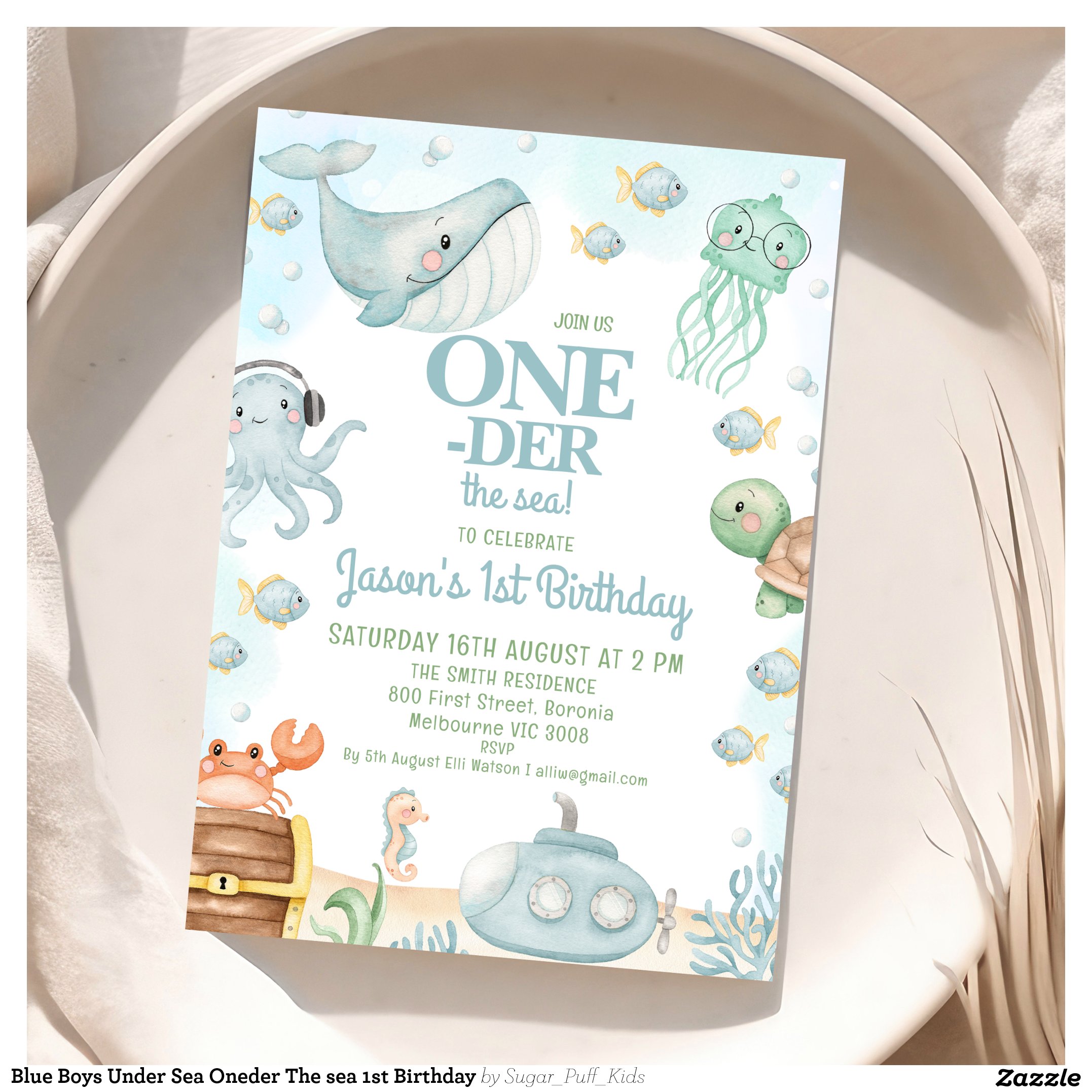 Blue Boys Under Sea Oneder The sea 1st Birthday Invitation
