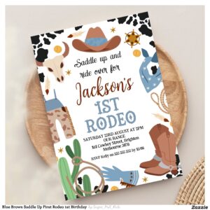 Blue Brown Saddle Up First Rodeo 1st Birthday Invitation