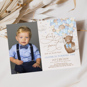 Blue Brown Teddy Bear Hot Air Balloon 1st Birthday Invitation