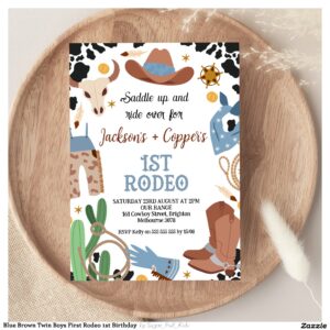 Blue Brown Twin Boys First Rodeo 1st Birthday Invitation