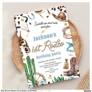 Blue Brown Western First Rodeo 1st Birthday Invitation