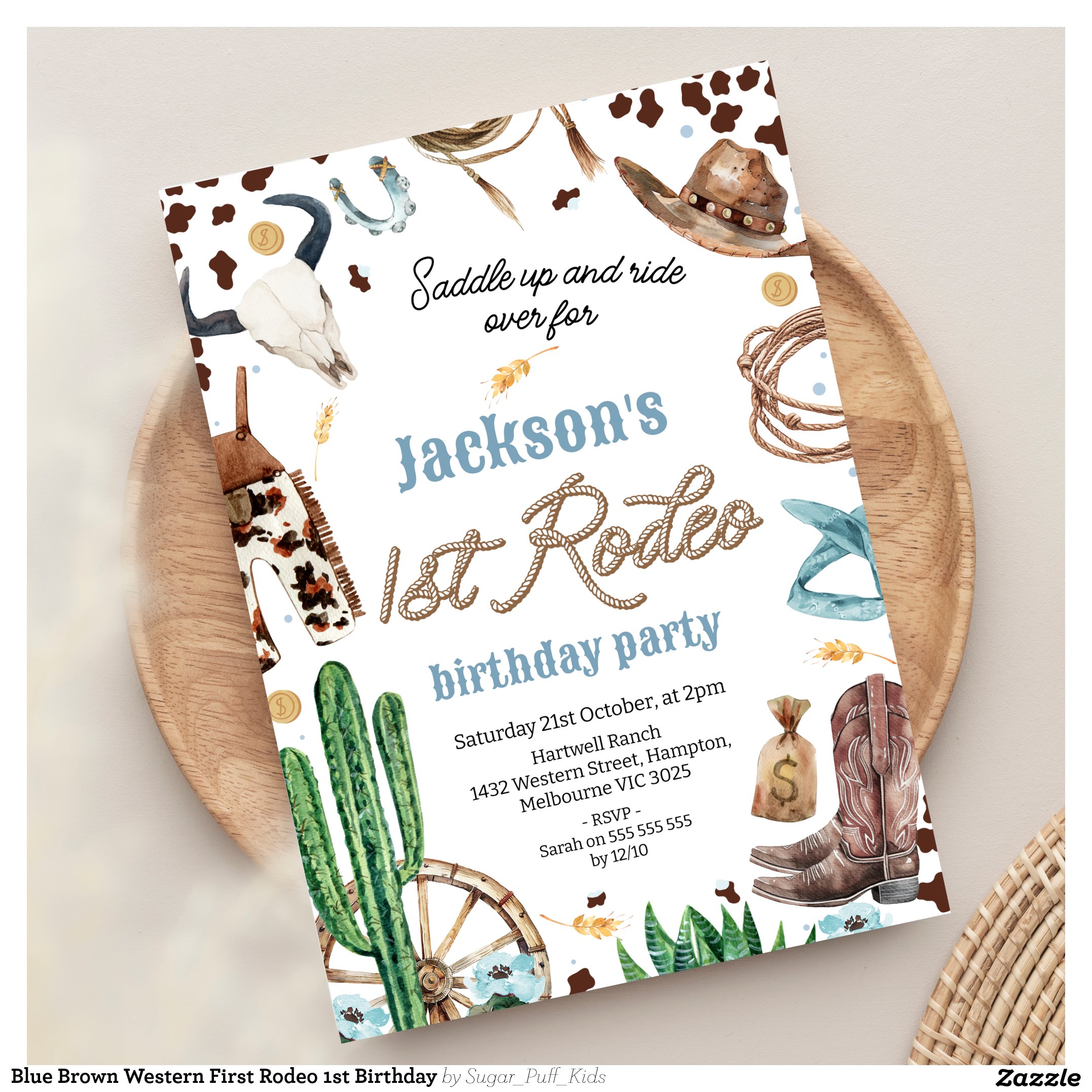 Blue Brown Western First Rodeo 1st Birthday Invitation