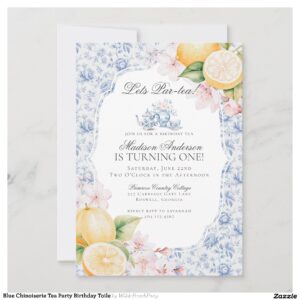 Blue Chinoiserie Tea Party Birthday Toile Invitation