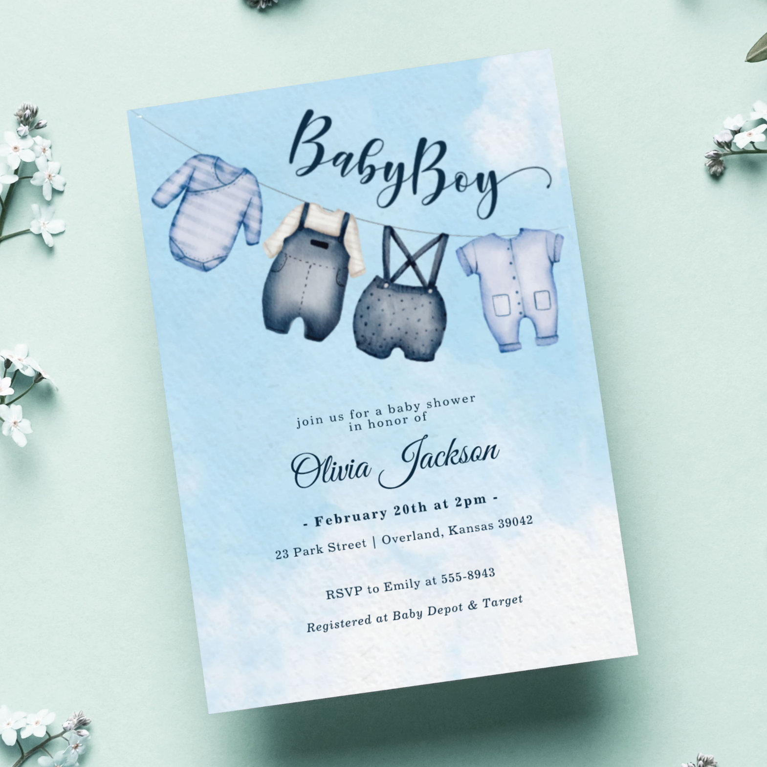 Blue Clothesline Baby Clothes Sky Boy Baby Shower Invitation
