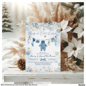 Blue ClothestLine Cold Outside Baby Boy Shower Invitation