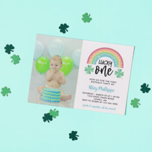 Blue Clover Rainbow Lucky One Photo 1st Birthday Invitation