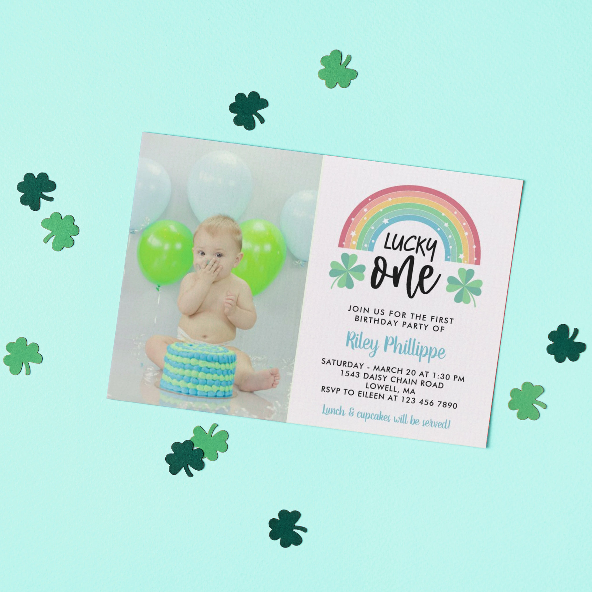 Blue Clover Rainbow Lucky One Photo 1st Birthday Invitation