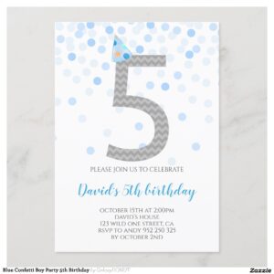 Blue Confetti Boy Party 5th Birthday Invitation