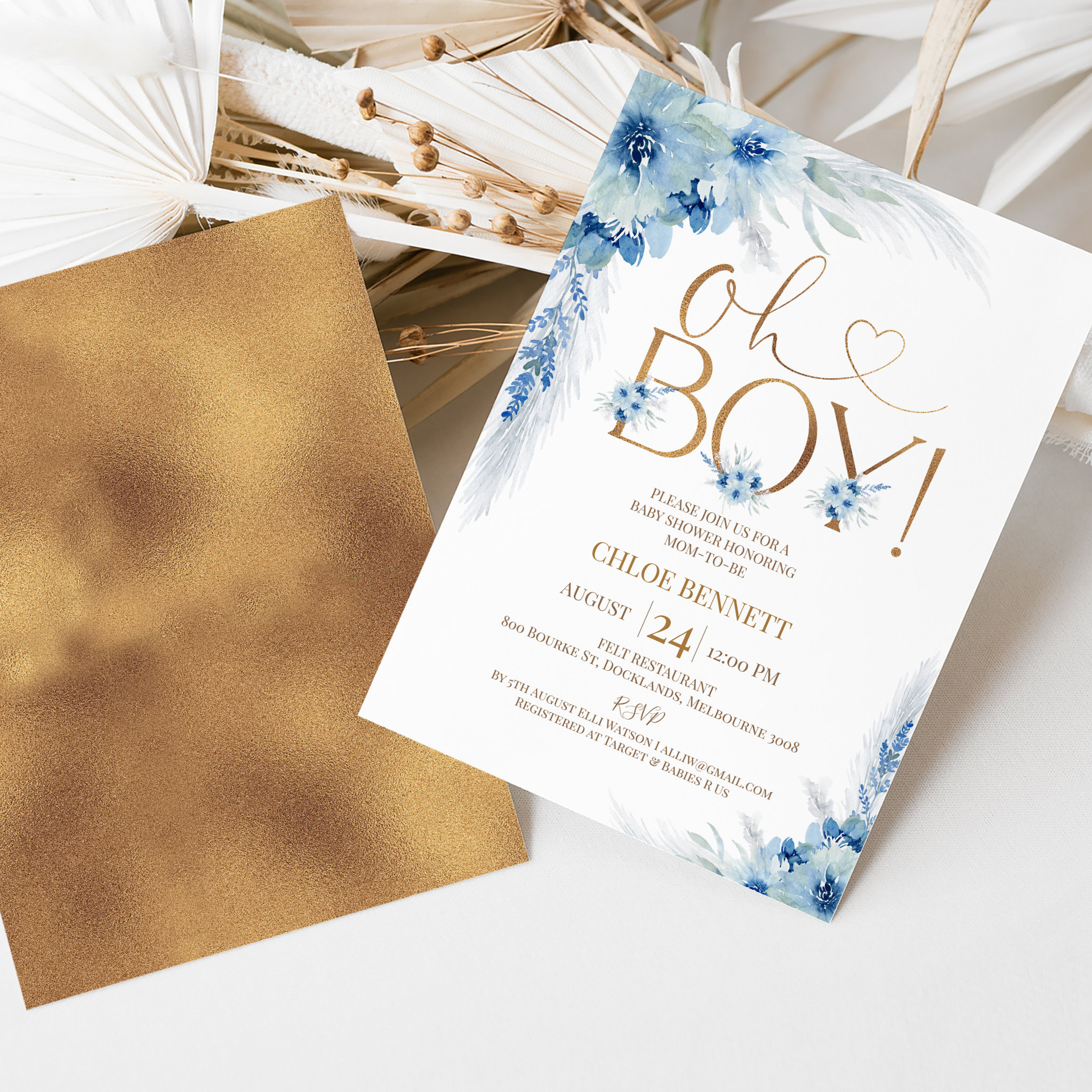Blue Copper Boho Pampas Grass Oh Boy Baby Shower Invitation
