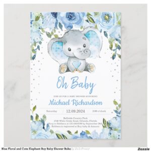 Blue Floral and Cute Elephant Boy Baby Shower Boho Invitation