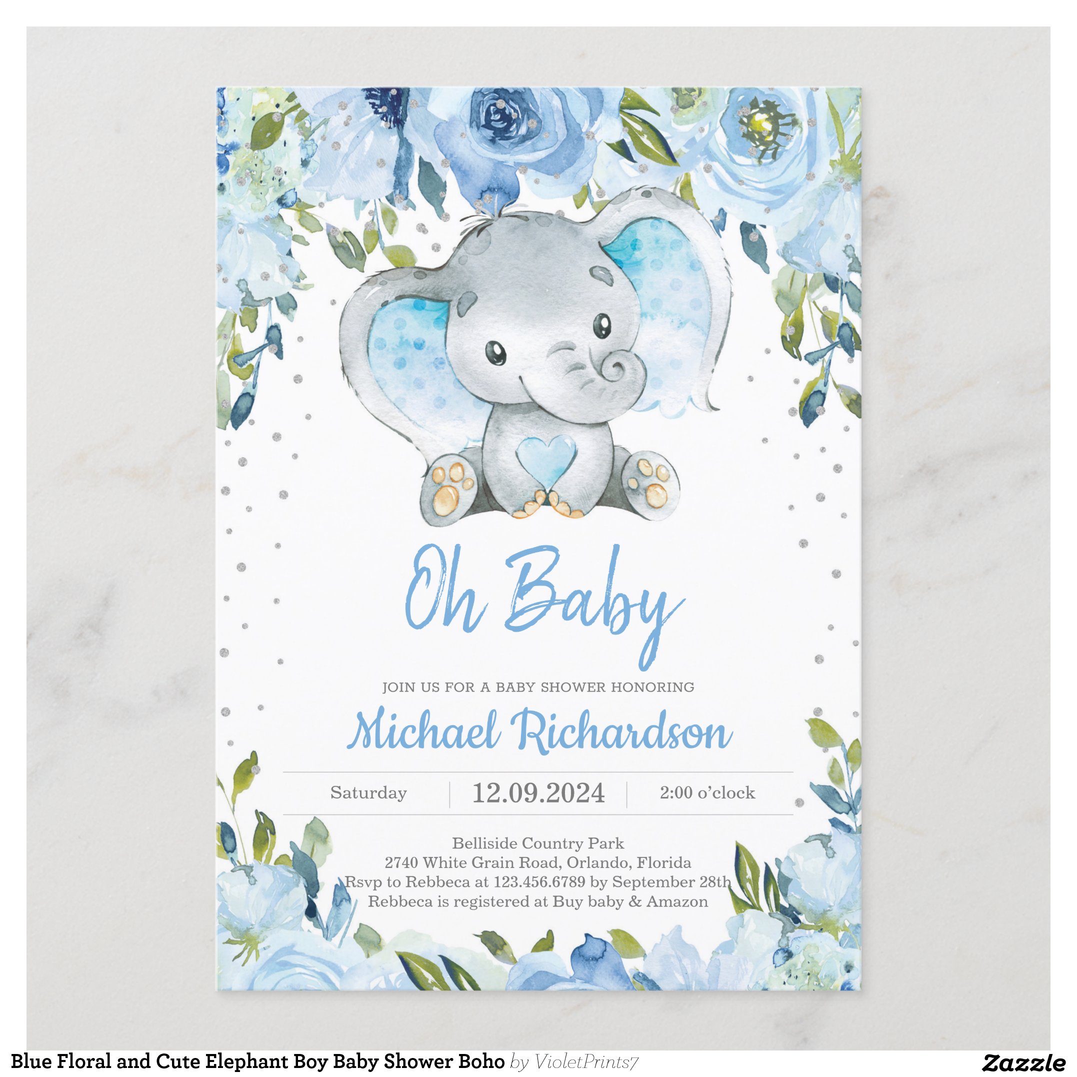 Blue Floral and Cute Elephant Boy Baby Shower Boho Invitation