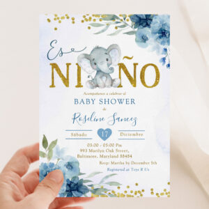 Blue Floral Elephant Es nin?o Boy Baby Shower Invitation